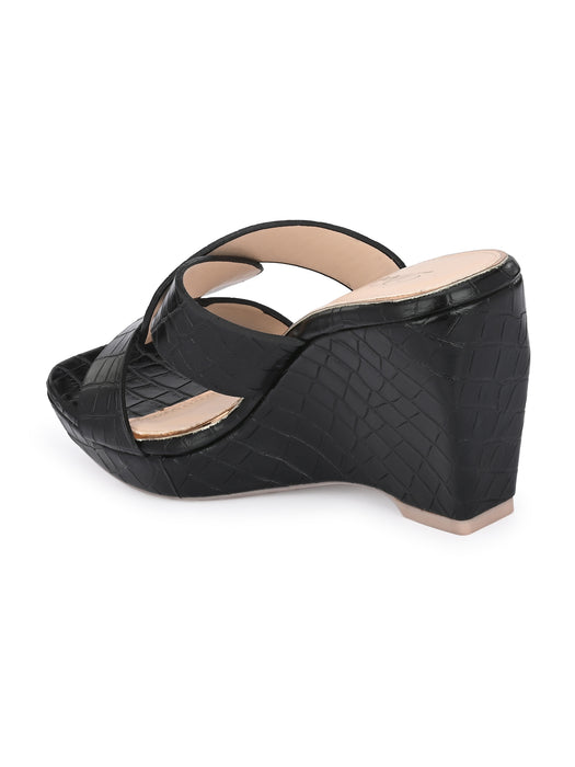 Cecilia croco print cross strap wedge sandals