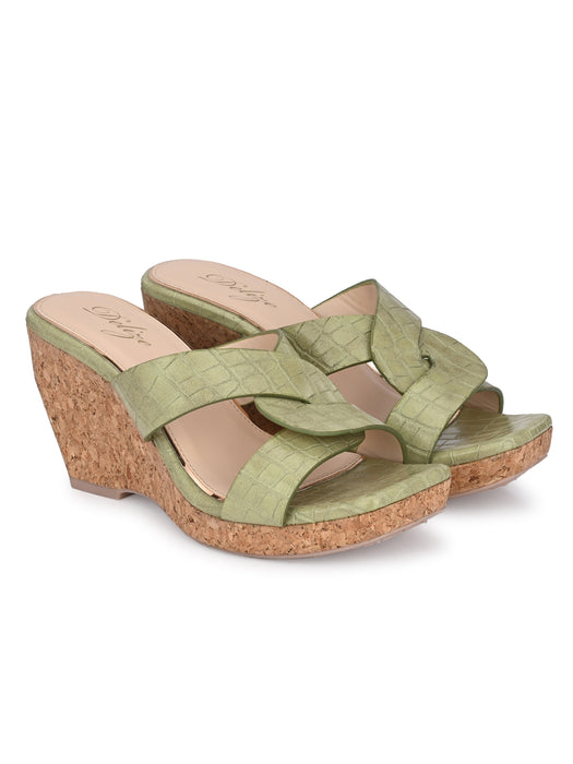 Cecilia croco print cross strap wedge sandals