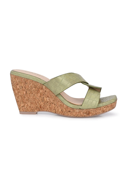 Cecilia croco print cross strap wedge sandals