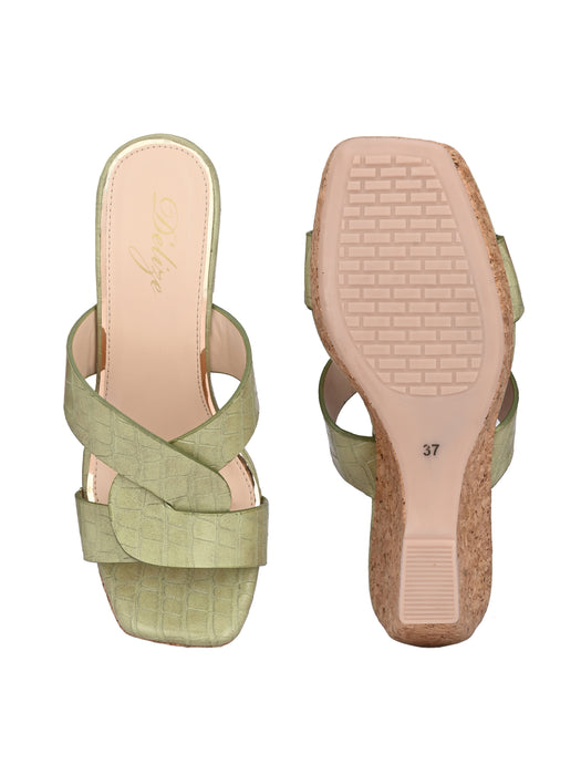 Cecilia croco print cross strap wedge sandals