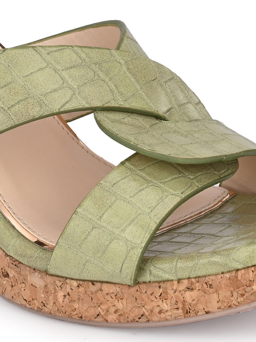Cecilia croco print cross strap wedge sandals